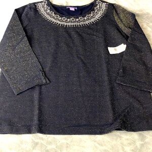 Laura Scott, vintage women’s top navy blue gold, metallic size large, pull over